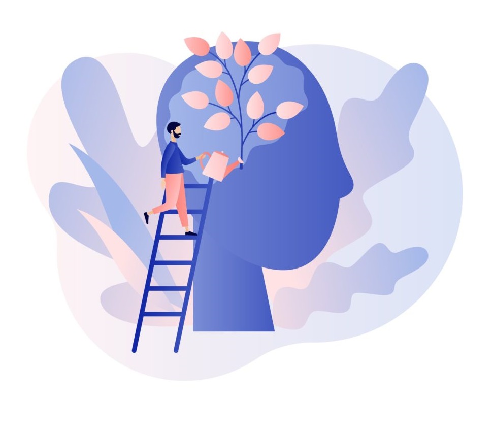 Side profile of person with man on ladder watering a plant growing on the person's head, links to Personal Growth course